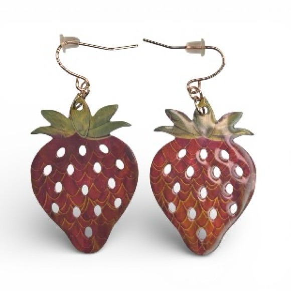 Jewelry - Handmade Strawberry Shaped Dangle Earrings Hand Painted Laser Cut Resin, [2”]